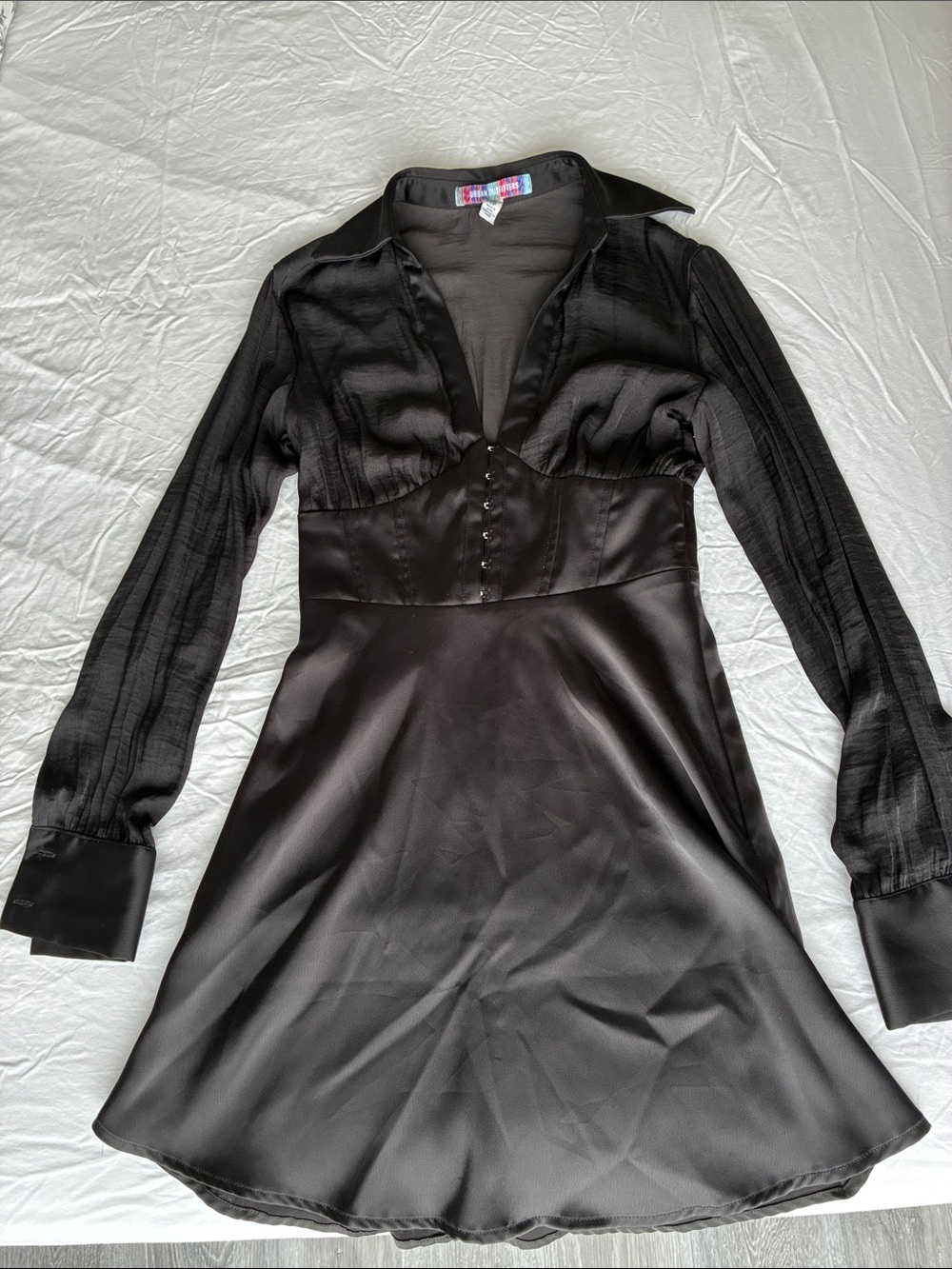 Urban Outfitters Black Satin & Sheer Long-Sleeve Fit-and-Flare Dress